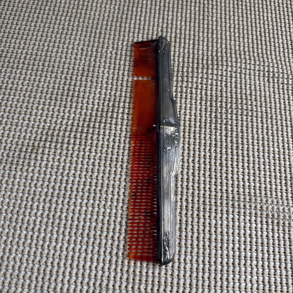 Antique Sterling Silver Monogrammed Folding Pocket Comb Faux Tortoiseshell 7.25"